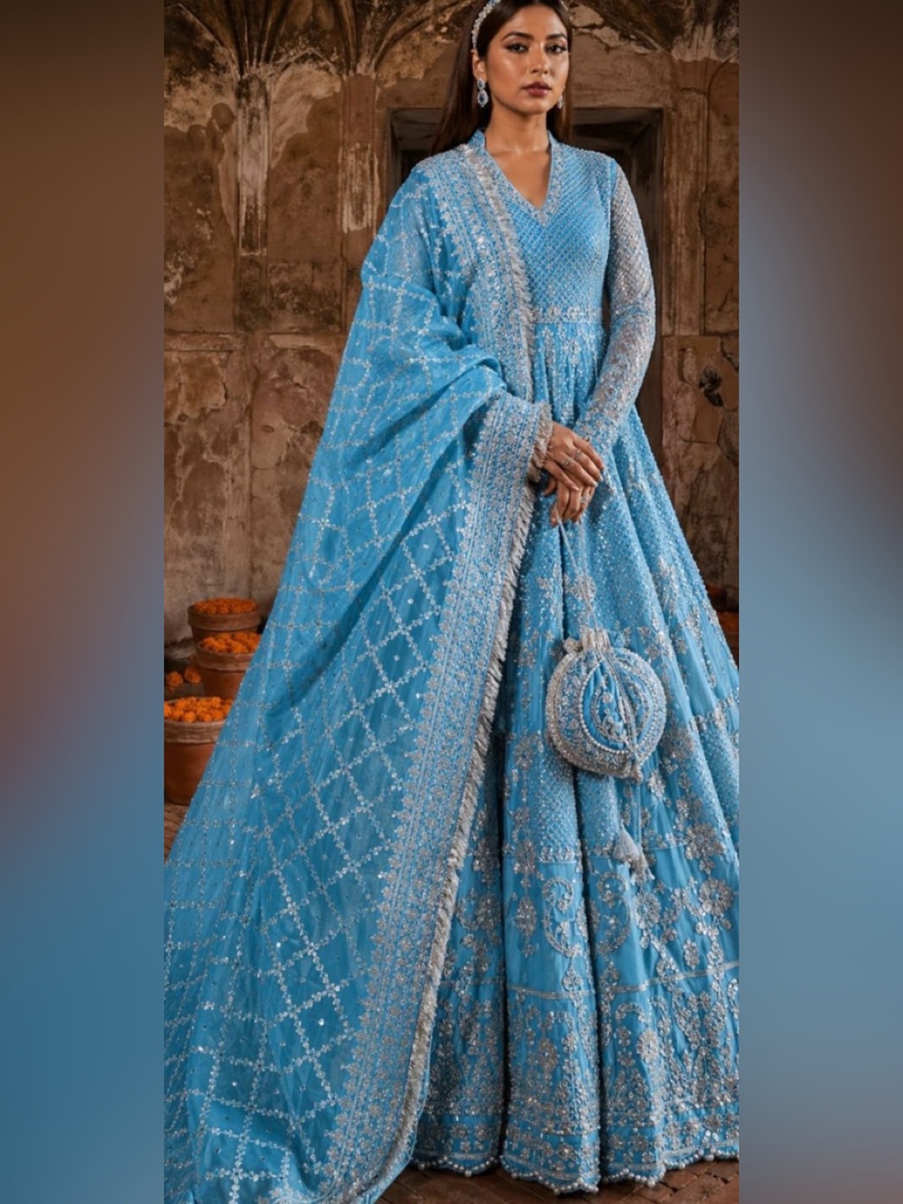 Elegant Light Blue Embellished Maxi Anarkali Gown with Dupatta